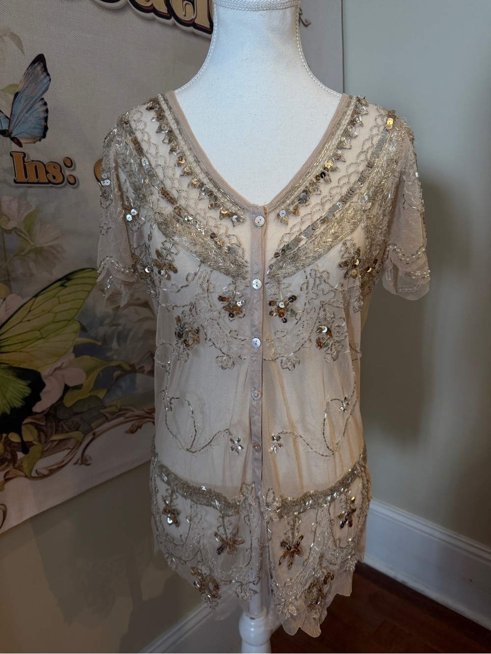 Beaded Embellished V-Neck Sheer Top - Cream